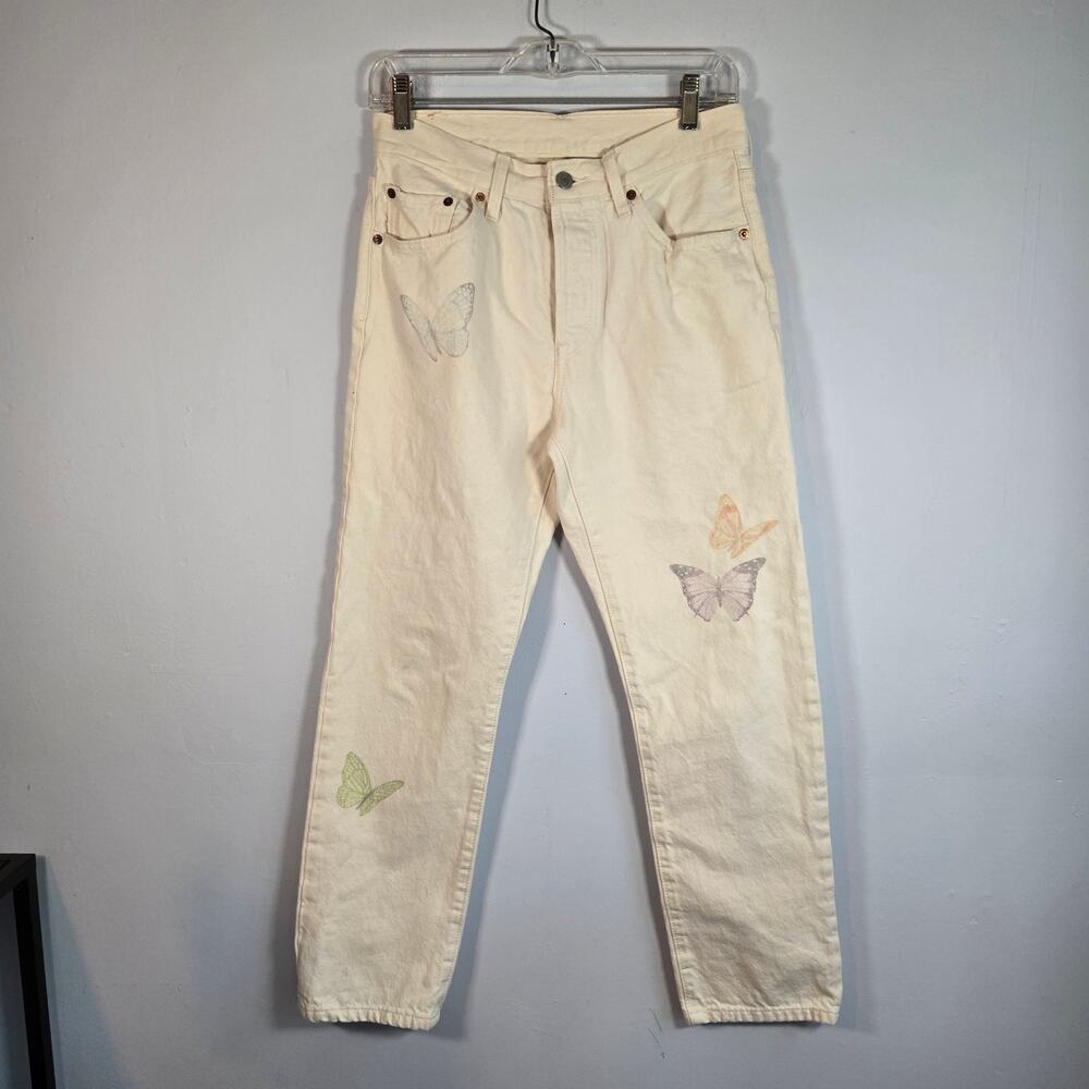 Levi's 501 Cream Butterfly Print Buttonfly Straight Leg Jeans W27/L28 Boho Chic
